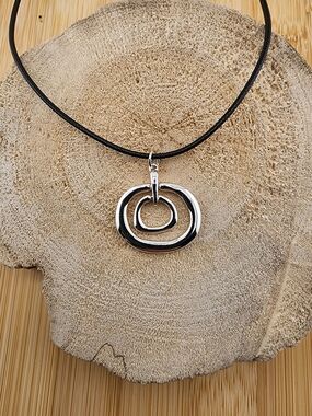 18in Adjustable Silver Tone Double Orbit Pendant Necklace - Black Cord